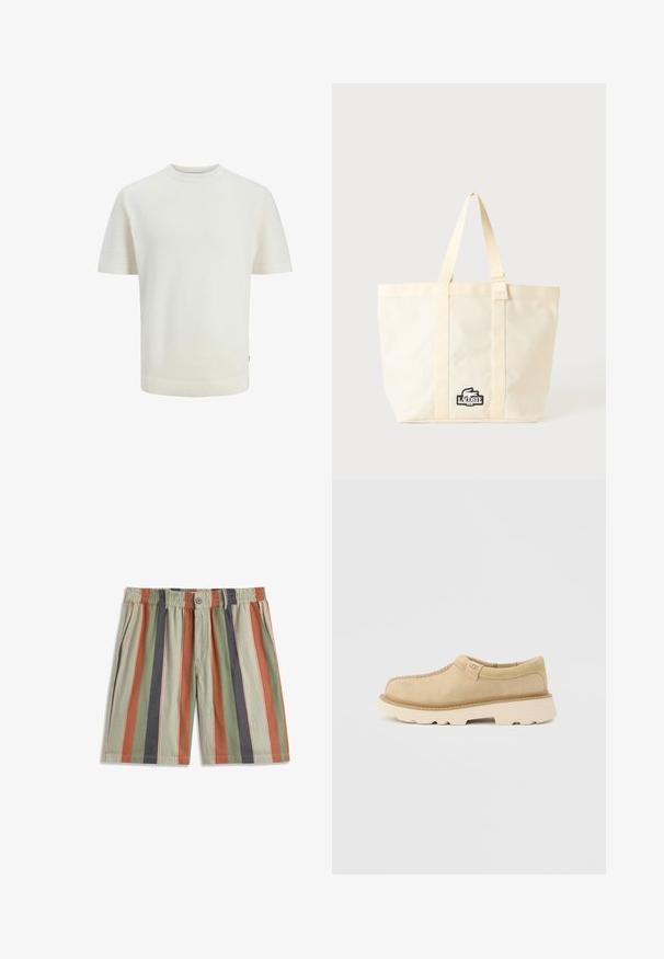 Pull en maille ivoire à manches courtes avec col rond et motif texturé subtil, présenté sur un fond blanc uni.; Shorts pour hommes à rayures verticales en vert, rouille, marine et beige, avec une taille élastique, un bouton et des poches latérales.; Chaussure beige en daim à enfiler avec une semelle blanche épaisse et le logo UGG sur une languette latérale, présentée sur un fond gris clair uni.; Sac tote beige Lacoste avec deux poignées et un patch logo crocodile noir et blanc au centre devant.