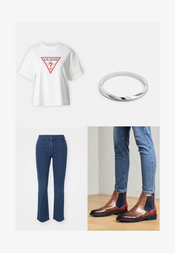 Weiße Baumwoll-T-Shirts mit lockerer Passform, ausgestattet mit einem roten, dreieckigen Logodesign und schwarzem Text. Kurze Ärmel und runder Ausschnitt.; Dunkelblaue Jeans mit einem wiederholten kreisförmigen Muster, geradem Beinschnitt, ausgefransten Säumen und traditionellem Fünf-Taschen-Design, mit einem Knopfverschluss vorne.; Braune Leder-Chelsea-Stiefel mit einem blauen elastischen Seiteneinsatz, ausgestattet mit Brogue-Details und einer strukturierten, dunkelbraunen Zehenkappe. Flache schwarze Sohle.; Silbernes Metallarmband mit einer glatten, glänzenden Oberfläche und flachen Kanten. Verfügt über ein offenes, kreisförmiges Design mit einem subtilen Verschlussdetail.