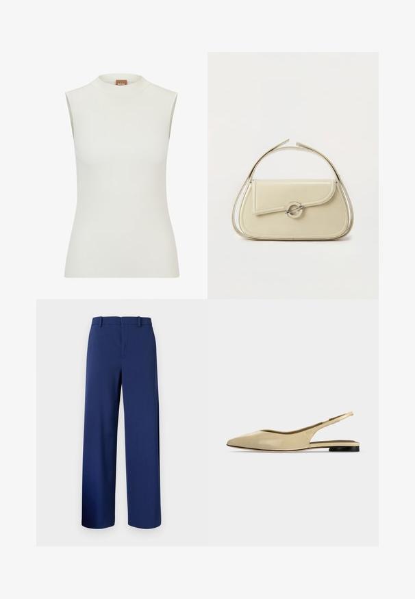 Top blanco sin mangas con un escote alto, que presenta una textura acanalada y un diseño ajustado. Etiqueta de la marca "BOSS" visible en el cuello.; Pantalones ajustados de color azul marino, confeccionados en una tela suave, con un diseño de pierna recta, trabillas para cinturón y un cierre frontal con cremallera y gancho.; Zapato plano beige con puntera puntiaguda, diseño slingback, tacón bajo negro y acabado en cuero liso, mostrado de perfil sobre un fondo liso.; Bolso de mano de cuero beige con solapa curva, cierre circular plateado y asa corta superior sobre un fondo blanco liso.