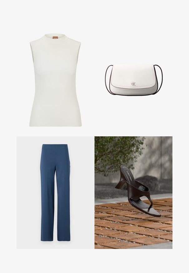 Hvid, ærmeløs top med høj halsudskæring, der har en ribbet tekstur og et tætsiddende design. Brandlabel "BOSS" synlig på kraven.; Mørkeblå, vidde bukser lavet af blødt, strækbart stof. Har høj talje og et rent, udekoreret design uden lommer.; Brun Calvin Klein hælet thong sandal svævende over træflise og grus udendørs med sløret grønt og stenmur i baggrunden.; Hvid skuldertaske med klaplukning, lille sølv "cK" logo i midten og tynd, justerbar, mørkebrun rem.