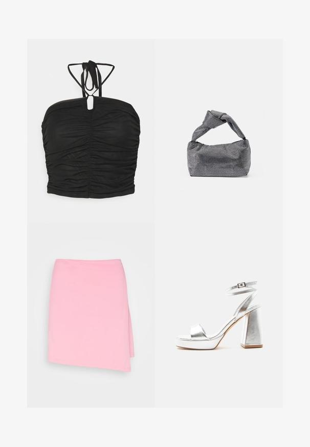 Even&Odd by Zalando Μπλούζα - black; Even&Odd by Zalando Φούστα παρεό - pink; Ασημένιο μεταλλικό πέδιλο με ψηλό τακούνι, λουράκι στον αστράγαλο, τετράγωνο τακούνι και ανοιχτά δάχτυλα σε απλό φωτεινό φόντο.; Μαύρη και ασημένια τσάντα χειρός με υφασμάτινη επιφάνεια που διαθέτει διαμαντένιο σχέδιο, κόμπο στη λαβή και δομημένο σχήμα.