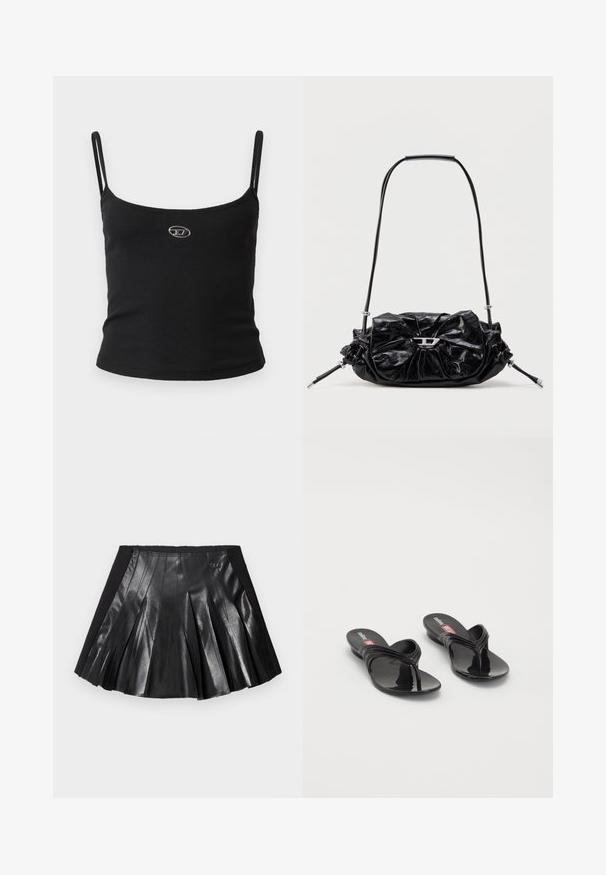 Sort ribstrikket camisole-top med tynde stropper og en lille metallisk logo midt på. Stoffet virker strækbart og kropsnært.; Sort plisseret nederdel med en skinnende læderfront og en solid sort talje med en lille metaldekoration. Teksturerede læderpaneler forbedrer designet.; Melissa QUANTUM THONG X DIESEL - Sandaler m/ tåsplit - black; Sort læderhåndtaske med et opsamlet design og sløjfedetalje foran. Har en kort hank og sølvfarvede hardware-accenter.