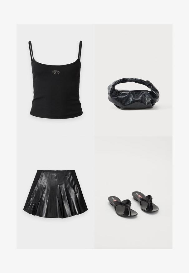 Sort ribstrikket camisole-top med tynde stropper og en lille metallisk logo midt på. Stoffet virker strækbart og kropsnært.; Sort plisseret nederdel med en skinnende læderfront og en solid sort talje med en lille metaldekoration. Teksturerede læderpaneler forbedrer designet.; Melissa QUANTUM THONG X DIESEL - Sandaler m/ tåsplit - black; Sort taske lavet af blankt, tekstureret materiale med et cirkulært, snoet håndtag og lynlås. Har et blødt, rynket design.
