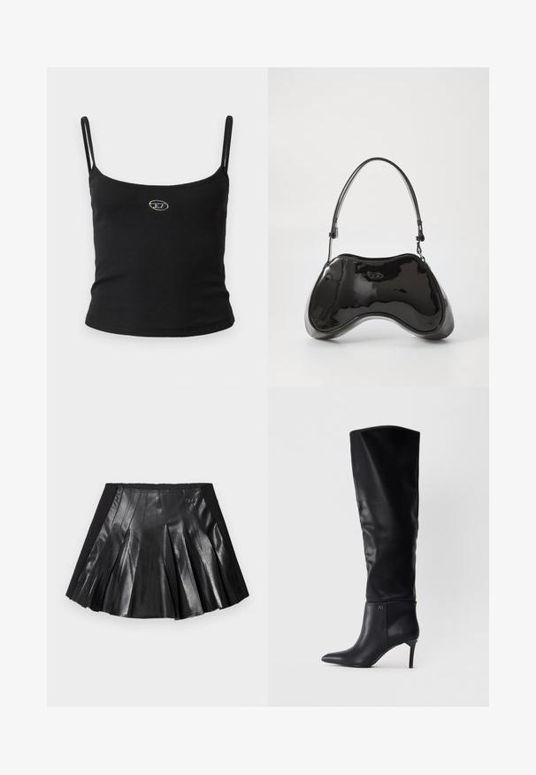 Sort ribstrikket camisole-top med tynde stropper og en lille metallisk logo midt på. Stoffet virker strækbart og kropsnært.; Sort plisseret nederdel med en skinnende læderfront og en solid sort talje med en lille metaldekoration. Teksturerede læderpaneler forbedrer designet.; Sorte læderstøvler over knæet med spids tå, stiletthæl og et slankt design med en logoaccent ved anklen.; Sort patentlæder håndtaske med en unik buet form, kort justerbar hank og en lynlåslukning i toppen. Glat tekstur med diskret branding.