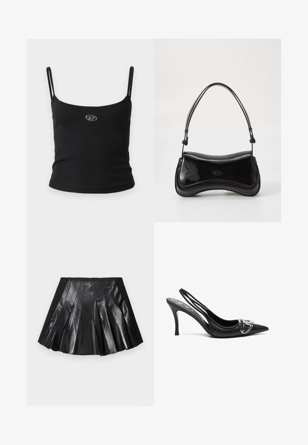 Sort ribstrikket camisole-top med tynde stropper og en lille metallisk logo midt på. Stoffet virker strækbart og kropsnært.; Sort plisseret nederdel med en skinnende læderfront og en solid sort talje med en lille metaldekoration. Teksturerede læderpaneler forbedrer designet.; Sorte slingback højhælede sko med spids tå, der har en skinnende sølvspænde detalje og en slank hæl. Glat lædertekstur, minimalistisk design.; Sort patentlæder håndtaske med en buet form, et enkelt håndtag og en rund bund. Har en subtil logo-detalje på forsiden.