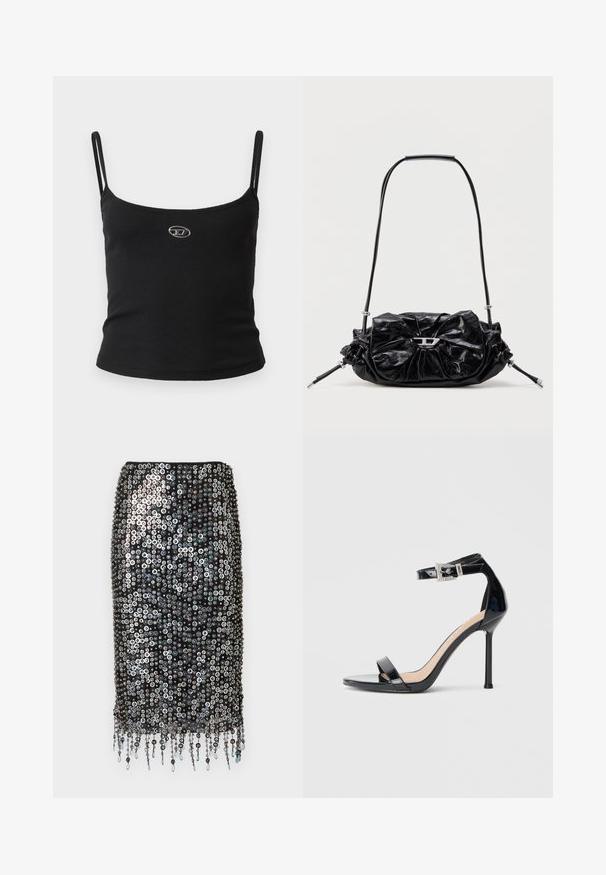 Sort ribstrikket camisole-top med tynde stropper og en lille metallisk logo midt på. Stoffet virker strækbart og kropsnært.; Sort palietnederdel med en tætsiddende silhuet, pyntet med cirkulære palietter og dekorative frynse detaljer ved kanten.; Sort højhælet sandal i laklæder med ankelrem. Har minimalistisk design, åben tå og spænde med rhinsten-detaljer.; Sort læderhåndtaske med et opsamlet design og sløjfedetalje foran. Har en kort hank og sølvfarvede hardware-accenter.