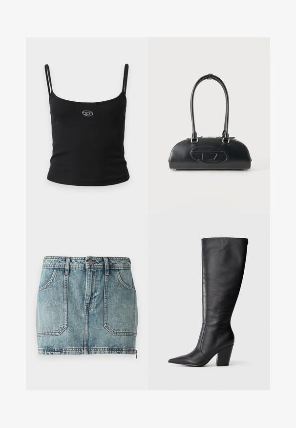 Zwarte geribbelde camisole top met dunne bandjes en een klein metalen logo in het midden. De stof lijkt rekbaar en aansluitend te zijn.; Leren denim minirok in lichtblauw met een vijf-pocketontwerp, riemlussen, metalen knoopsluiting en contrasterende stiksels.; Zwarte leren kniehoge laars met puntige neus en chunky hoge hak, getoond in zijaanzicht aan de linkerkant op een witte achtergrond.; Zwarte leren handtas met lange dubbele handvatten en een reliëflogo in ovale vorm aan de voorkant, getoond tegen een effen lichte achtergrond.