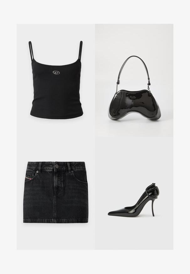 Haut caraco noir côtelé avec fines bretelles et petit logo métallique au centre. Le tissu semble extensible et près du corps.; Mini-jupe en jean noire avec bouton à l'avant, passants de ceinture, deux poches avant et une petite étiquette de marque sur la poche droite.; Chaussure à talons hauts en cuir verni noir, avec un bout pointu et un dos ouvert. Dotée d'un accent incurvé unique au niveau du talon. Finition élégante et brillante.; Sac à main en cuir verni noir avec une forme incurvée unique, une anse courte et ajustable, et une fermeture zippée. Texture lisse avec un branding discret.