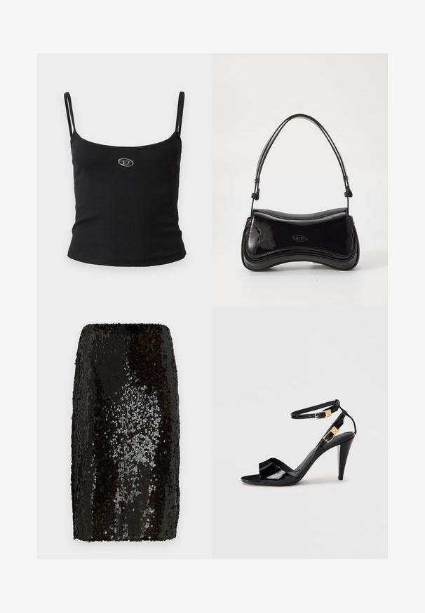 Sort ribstrikket camisole-top med tynde stropper og en lille metallisk logo midt på. Stoffet virker strækbart og kropsnært.; Sorte palietter blyantskørt med tætsiddende design. Har tætte, reflekterende paletter, der skaber en tekstureret overflade. Glat indvendig foring.; Sorte patentlæder højhælede sandaler med dobbelte ankelremme og guldspænder, åben tå og slank taperet hæl på neutral baggrund.; Sort patentlæder håndtaske med en buet form, et enkelt håndtag og en rund bund. Har en subtil logo-detalje på forsiden.