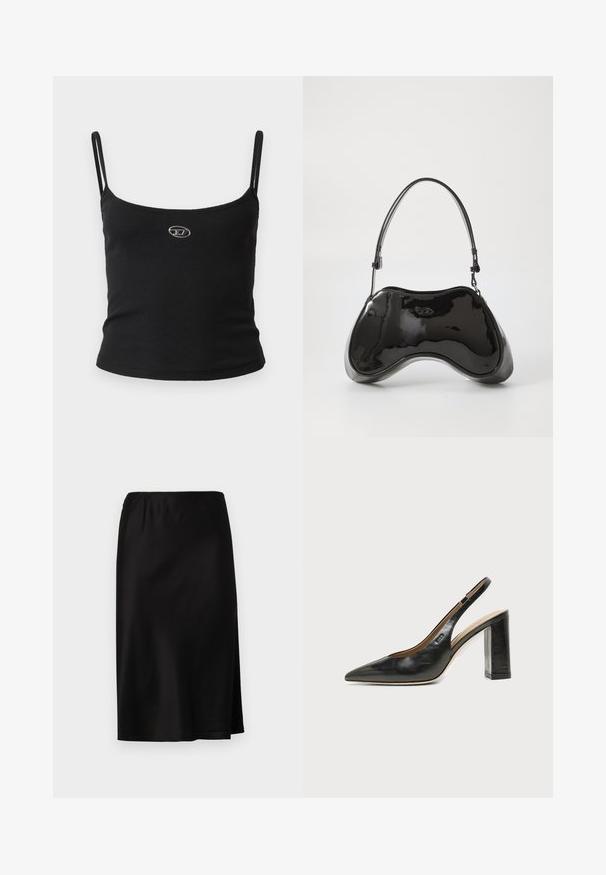 Sort ribstrikket camisole-top med tynde stropper og en lille metallisk logo midt på. Stoffet virker strækbart og kropsnært.; Sort satin nederdel med elastisk talje, der har en sideslids for let bevægelse og en glat, blank overflade.; Sort læder peep-toe slingback sko med høj blokhæl og beige indvendig foring mod en ensfarvet lys baggrund.; Sort patentlæder håndtaske med en unik buet form, kort justerbar hank og en lynlåslukning i toppen. Glat tekstur med diskret branding.