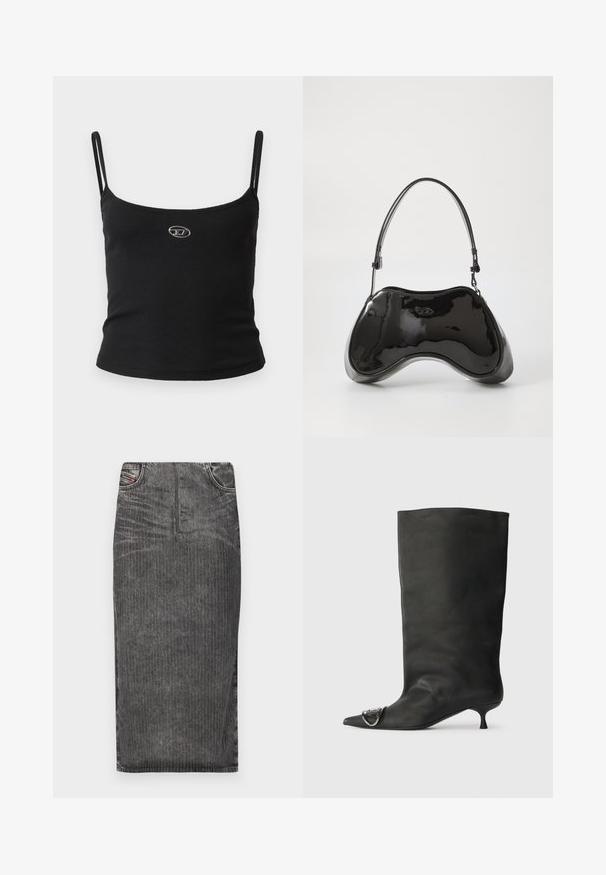 Sort ribstrikket camisole-top med tynde stropper og en lille metallisk logo midt på. Stoffet virker strækbart og kropsnært.; Grå denim midi-skjørt med vertikale striber, med høj talje, fem lomme-design og en ren kant.; Sort læder ankelstøvle med spidse tå, lille hæl og metallisk detalje på tæerne. Glat, mat overflade hele vejen igennem.; Sort patentlæder håndtaske med en unik buet form, kort justerbar hank og en lynlåslukning i toppen. Glat tekstur med diskret branding.