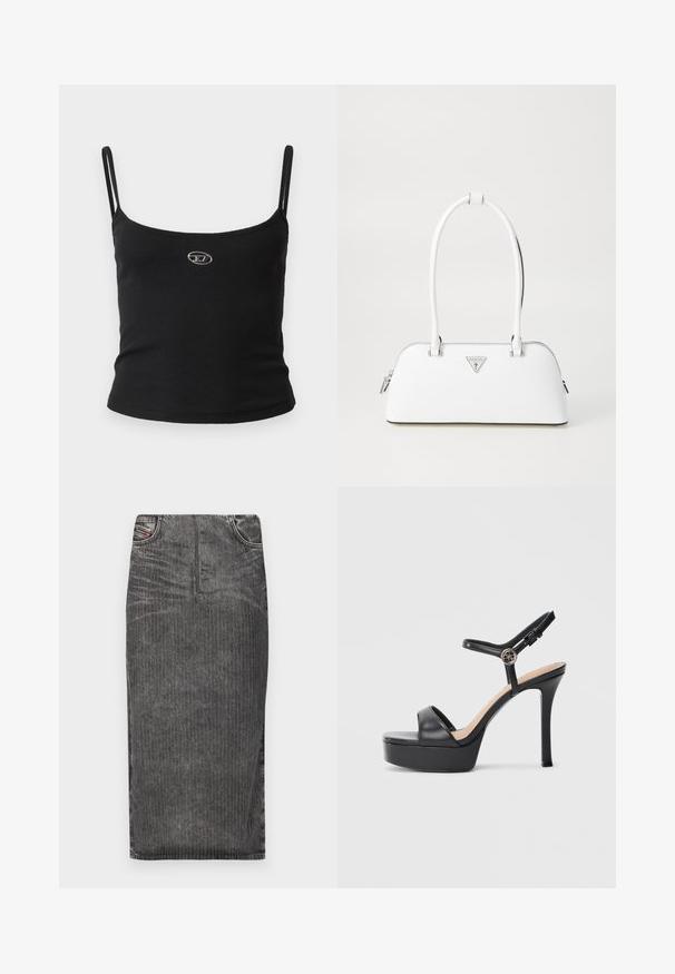 Schwarzes, geripptes Camisole-Oberteil mit dünnen Trägern und einem kleinen metallischen Logo in der Mitte. Der Stoff wirkt dehnbar und figurbetont.; Grauer Denim-Midi-Rock mit vertikalen Nadelstreifen, hoher Taillenbund, Fünf-Taschen-Design und einem sauberen Saum.; Schwarze Plateausandalen mit hohem Stiletto-Absatz, ausgestattet mit einem glatten Lederobermaterial, einem Peeptoe-Design und einem verstellbaren Knöchelriemen mit Metallbeschlägen.; Weiße Lederhandtasche mit geschwungener Form, versehen mit einem silbernen dreieckigen Logo und einem Reißverschluss. Glatte Textur und zwei Griffe.