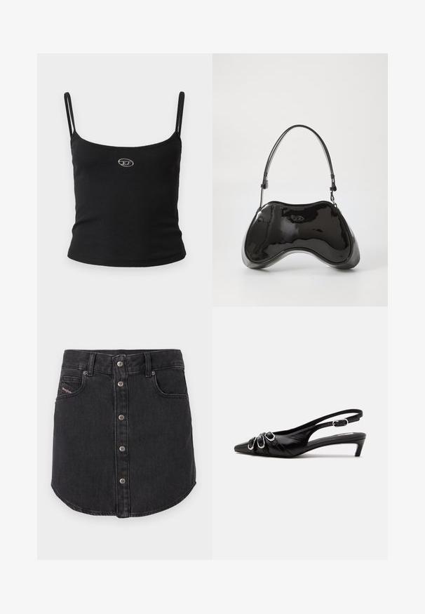 Sort ribstrikket camisole-top med tynde stropper og en lille metallisk logo midt på. Stoffet virker strækbart og kropsnært.; Sort denim miniskørt med frontmetalknapper, to forlommer, bæltestropper og buet kant.; Sort læder slingback sko med spids tå, tre sølvspænder på forsiden og lav lille hæl på hvid baggrund.; Sort patentlæder håndtaske med en unik buet form, kort justerbar hank og en lynlåslukning i toppen. Glat tekstur med diskret branding.