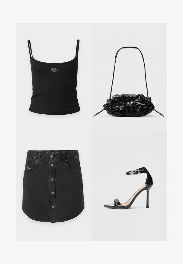 Haut caraco noir côtelé avec fines bretelles et petit logo métallique au centre. Le tissu semble extensible et près du corps.; Jupe en denim noire, courte, avec des boutons métalliques à l'avant, deux poches avant, passants de ceinture et ourlet arrondi.; Sandale à talon haut en cuir verni noir avec bride à la cheville. Présente un design minimaliste, un bout ouvert et une boucle ornée de strass.; Sac à main en cuir noir avec un design froncé et un détail en forme de nœud sur le devant. Dispose d'une poignée courte et d'accents de quincaillerie argentée.