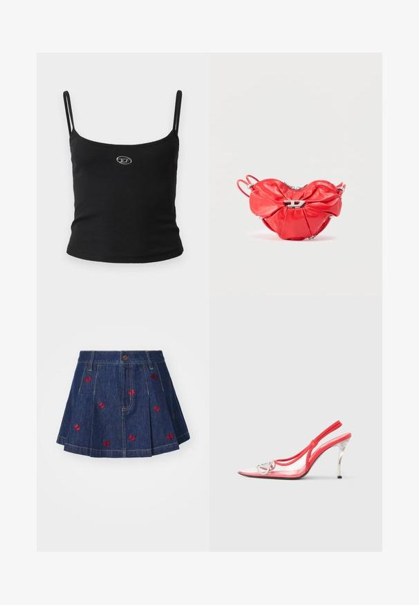Top tipo camisola negro con textura acanalada, tirantes finos y un pequeño logo metálico en el centro. La tela parece elástica y ajustada al cuerpo.; Falda de mezclilla con pliegues y un lavado oscuro, con detalles de mariposas bordadas en rojo y un clásico diseño de cinco bolsillos con cierre de botón frontal.; Tacones rojos de tira trasera con parte superior transparente, punta puntiaguda y tacón de aguja metálico. Correa ajustable con detalle de logotipo.; Bolso de mano de cuero rojo con forma de corazón, diseño fruncido, cremallera plateada y un destacado logo metálico en la parte frontal.