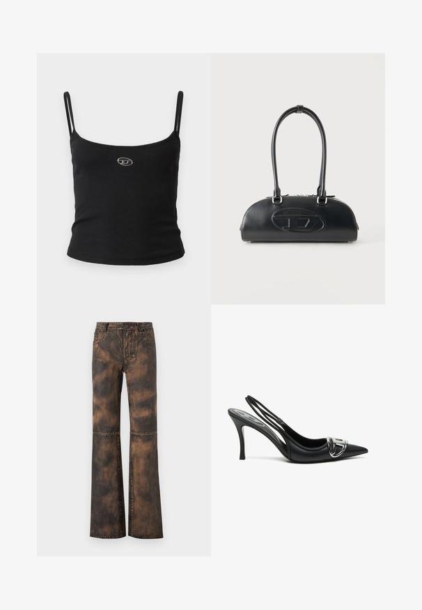 Sort ribstrikket camisole-top med tynde stropper og en lille metallisk logo midt på. Stoffet virker strækbart og kropsnært.; Brune denim bukser med vidde og en falmet, struktureret finish. Har fem lommer, bæltestropper og knaplukning. Flade sømme og vide ben.; Sorte slingback højhælede sko med spids tå, der har en skinnende sølvspænde detalje og en slank hæl. Glat lædertekstur, minimalistisk design.; Sort læderhåndtaske med lange dobbelte håndtag og præget ovalt logo foran, vist mod en ensartet lys baggrund.