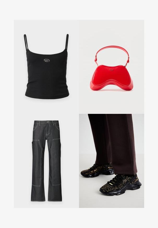 Zwarte geribbelde camisole top met dunne bandjes en een klein metalen logo in het midden. De stof lijkt rekbaar en aansluitend te zijn.; Donkerdenim cargobroek met witte contrasterende stiksels, voorzien van meerdere zakken en een flared pijpdesign. Duurzaam materiaal en metalen knoopsluiting.; Zwarte sneakers met gouden spikkels, een gestructureerd oppervlak en een stevige zwarte zool. Gekoppeld aan bruine sweatpants met een slim-fit ontwerp.; Rode tas van lakleer met een gebogen, ergonomische vorm, voorzien van een dunne verstelbare band en een subtiel logo-accent aan de voorkant.
