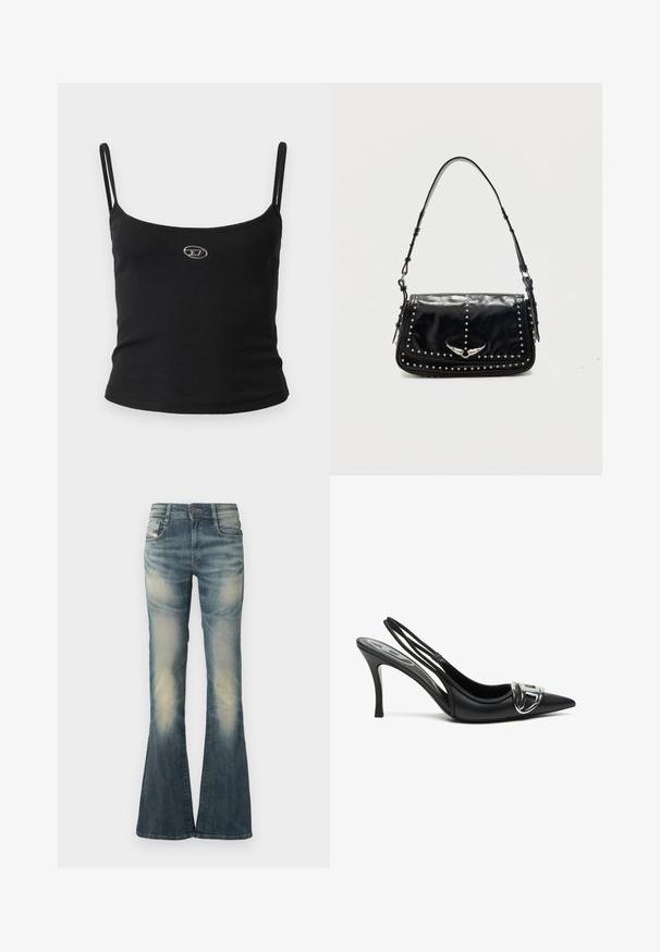 Schwarzes, geripptes Camisole-Oberteil mit dünnen Trägern und einem kleinen metallischen Logo in der Mitte. Der Stoff wirkt dehnbar und figurbetont.; Jeans aus Denim mit ausgestelltem Bein in verblasstem Blau und leichter Used-Optik. Mit einer vorderen Knopfverschlusss, fünf Taschen und einer Taille mit mittlerer Bundhöhe.; Schwarze Slingback-Pumps mit spitzem Vorderteil, ausgestattet mit einem glänzenden silbernen Schnallendetail und einem schlanken Absatz. Glattes Lederoberfläche, minimalistische Gestaltung.; Schwarze Leder-Schultertasche mit silbernen Nieten und geflügeltem Metall-Emblem auf der Frontklappe vor einfarbigem Hintergrund.