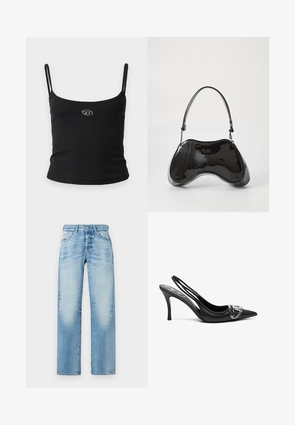 Top tipo camisola negro con textura acanalada, tirantes finos y un pequeño logo metálico en el centro. La tela parece elástica y ajustada al cuerpo.; Jeans de pierna ancha azul claro hechos de denim, con un lavado deslavado, detalles de desgaste ligero, diseño de cinco bolsillos y cierre de botón.; Zapatos de tacón alto de charol negros con tira trasera y punta afilada, que presentan un detalle de hebilla plateada brillante y un tacón delgado. Textura de cuero suave, diseño minimalista.; Bolso de mano de piel sintética negra con un diseño curvado único, asas cortas y ajustables, y abertura con cremallera en la parte superior. Textura suave con una sutil marca.