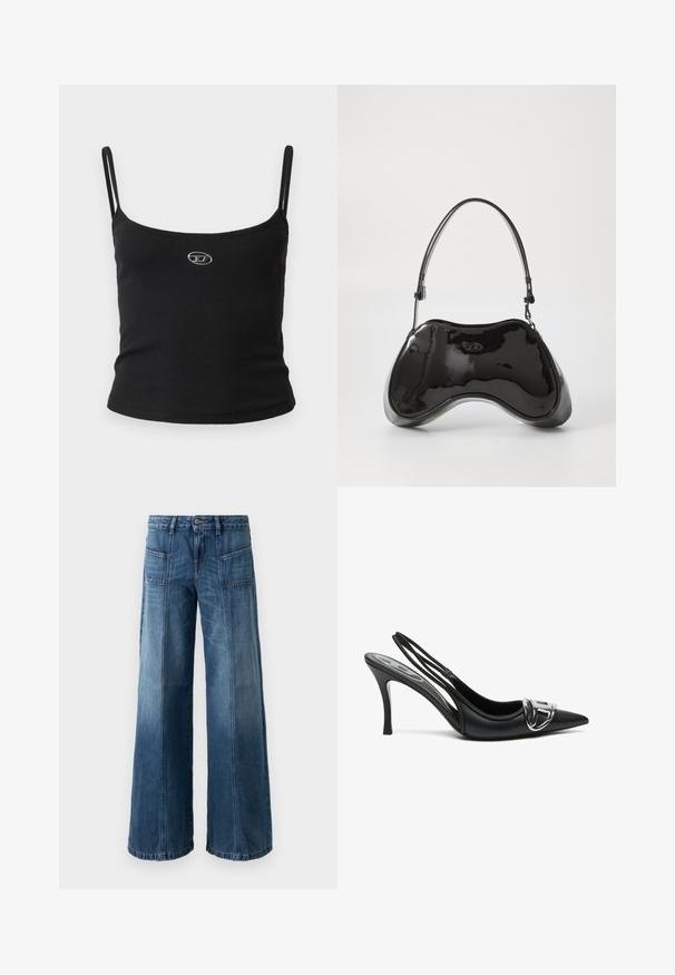 Sort ribstrikket camisole-top med tynde stropper og en lille metallisk logo midt på. Stoffet virker strækbart og kropsnært.; Videbenet jeans i en falmet blå denim. Har fem lommer, en knap- og lynlås-lukning, synlige syninger og en løs pasform.; Sorte slingback højhælede sko med spids tå, der har en skinnende sølvspænde detalje og en slank hæl. Glat lædertekstur, minimalistisk design.; Sort patentlæder håndtaske med en unik buet form, kort justerbar hank og en lynlåslukning i toppen. Glat tekstur med diskret branding.