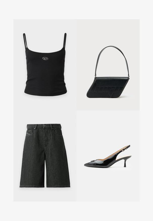 Top tipo camisola negro con textura acanalada, tirantes finos y un pequeño logo metálico en el centro. La tela parece elástica y ajustada al cuerpo.; Pantalones cortos de mezclilla negros con un corte holgado, que cuentan con un cierre frontal de botón y cremallera, lazos para el cinturón y dos bolsillos delanteros. Tejido texturizado con detalles de costura.; Tacón slingback de charol negro con puntera puntiaguda, tacón pequeño tipo kitten y correa con hebilla plateada sobre un fondo blanco liso.; Bolso de hombro de cuero negro con forma triangular, logo en relieve y una sola correa ajustable. Diseño minimalista con textura suave.