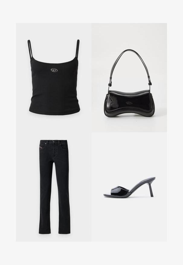 Haut caraco noir côtelé avec fines bretelles et petit logo métallique au centre. Le tissu semble extensible et près du corps.; Jeans en denim noir avec une coupe droite, dotés de cinq poches et de détails de couture subtils. Le tissu a une texture lisse et un décoloration minimale.; Sandales à talons ouverts en cuir verni noir, avec un design supérieur incurvé et un talon aiguille effilé. Finition lisse et brillante.; Sac à main en vernis noir avec une forme courbée, une poignée unique et un fond arrondi. Présente un détail de logo discret à l'avant.
