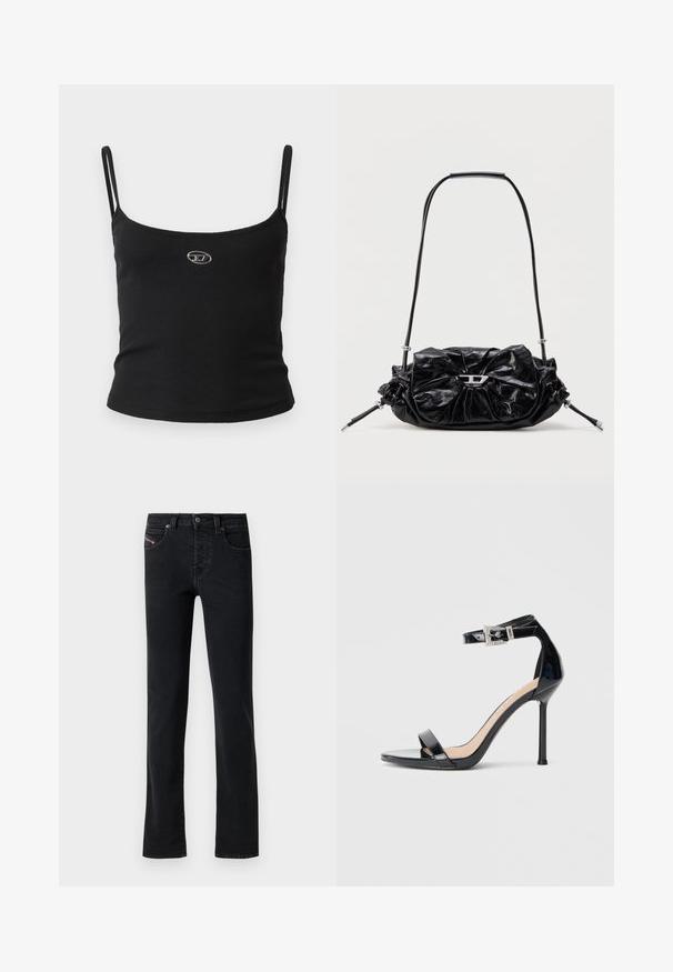 Top tipo camisola negro con textura acanalada, tirantes finos y un pequeño logo metálico en el centro. La tela parece elástica y ajustada al cuerpo.; Vaqueros de mezclilla negros con corte recto, que cuentan con cinco bolsillos y detalles de costura sutiles. La tela tiene una textura suave y un desvanecimiento mínimo.; Sandalia de tacón alto en piel sintética negra con correa en el tobillo. Presenta un diseño minimalista, punta abierta y una hebilla con detalles de pedrería.; Bolso de mano de cuero negro con diseño fruncido y detalle de lazo en la parte frontal. Cuenta con un asa corta y detalles metálicos en color plata.