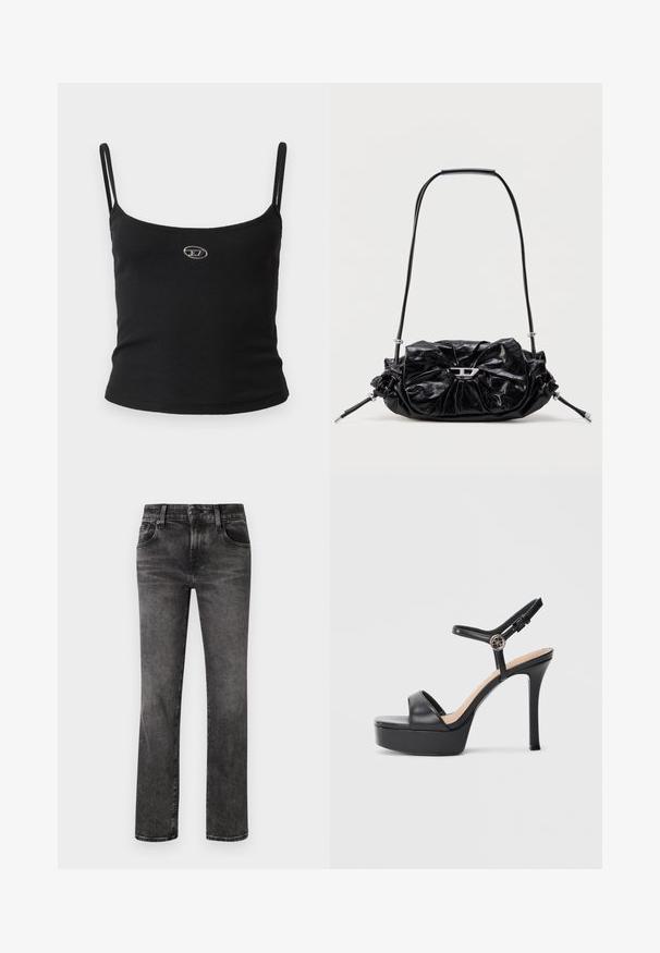 Zwarte geribbelde camisole top met dunne bandjes en een klein metalen logo in het midden. De stof lijkt rekbaar en aansluitend te zijn.; Zwarte denim jeans met een rechte snit, voorzien van vijf zakken, een knoop- en ritsluiting, en subtiele vervaging over de stof.; Zwarte platformsandalen met een hoge naaldhak, voorzien van een glad leren bovenkant, een peep-toe ontwerp en een verstelbare enkelriem met beslag.; Zwarte leren handtas met een geplooid design en een strikdetail aan de voorkant. Voorzien van een korte handgreep en zilverkleurige metalen accenten.