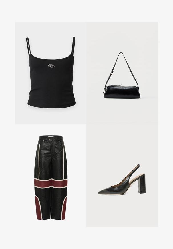 Sort ribstrikket camisole-top med tynde stropper og en lille metallisk logo midt på. Stoffet virker strækbart og kropsnært.; Sorte vide læderbukser med hvide lodrette striber og vandrette maroon vatterede paneler over knæene og på de nederste ben.; Sort læder peep-toe slingback sko med høj blokhæl og beige indvendig foring mod en ensfarvet lys baggrund.; Sort læder skuldertaske med tynd justerbar rem, lynlåslukning og lille metal "GUESS" logo foran i midten.