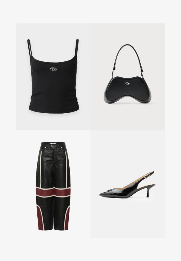 Top tipo camisola negro con textura acanalada, tirantes finos y un pequeño logo metálico en el centro. La tela parece elástica y ajustada al cuerpo.; Pantalones de cuero de pierna ancha negros con rayas verticales blancas y paneles acolchados marrón oscuro horizontales por encima de las rodillas y en las piernas inferiores.; Tacón slingback de charol negro con puntera puntiaguda, tacón pequeño tipo kitten y correa con hebilla plateada sobre un fondo blanco liso.; Bolso de mano de cuero sintético negro con una forma curva única, asa corta y un detalle de logo plateado en el frente. Textura suave, diseño minimalista.