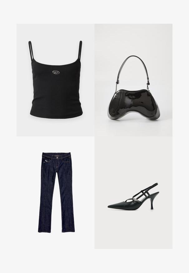 Sort ribstrikket camisole-top med tynde stropper og en lille metallisk logo midt på. Stoffet virker strækbart og kropsnært.; Mørkeblå denimjeans med en lige ben-design, der har en frontknaplukning, fem lommer og synlige syninger langs sømmene.; Sort læder spids tå slingback hæl med tynde stropper og en lille sølv dekorativ spænde på siden.; Sort patentlæder håndtaske med en unik buet form, kort justerbar hank og en lynlåslukning i toppen. Glat tekstur med diskret branding.