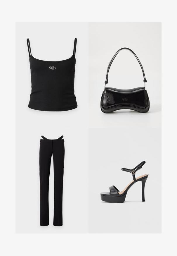Sort ribstrikket camisole-top med tynde stropper og en lille metallisk logo midt på. Stoffet virker strækbart og kropsnært.; Sort lige bukser med slim fit og glitrende sorte seler fastgjort til taljen mod en hvid baggrund.; Sorte platformsandaler med høj stiletthæl, der har en glat læderoverdel, peep toe-design og en justerbar ankelrem med metalbeslag.; Sort patentlæder håndtaske med en buet form, et enkelt håndtag og en rund bund. Har en subtil logo-detalje på forsiden.