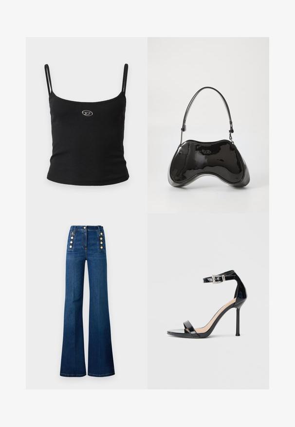 Top tipo camisola negro con textura acanalada, tirantes finos y un pequeño logo metálico en el centro. La tela parece elástica y ajustada al cuerpo.; Jeans de talle alto y corte acampanado en denim azul oscuro, con acentos de botones dorados en los lados y una textura suave.; Sandalia de tacón alto en piel sintética negra con correa en el tobillo. Presenta un diseño minimalista, punta abierta y una hebilla con detalles de pedrería.; Bolso de mano de piel sintética negra con un diseño curvado único, asas cortas y ajustables, y abertura con cremallera en la parte superior. Textura suave con una sutil marca.