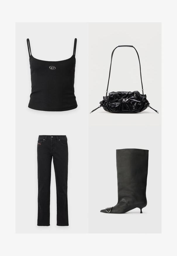 Haut caraco noir côtelé avec fines bretelles et petit logo métallique au centre. Le tissu semble extensible et près du corps.; Jean en denim noir avec une coupe droite, doté d'une fermeture à boutons sur le devant, de cinq poches et de détails de couture subtils.; Bottines en cuir noir à bout pointu, petite talon et détail métallique sur le bout. Texture lisse et mate partout.; Sac à main en cuir noir avec un design froncé et un détail en forme de nœud sur le devant. Dispose d'une poignée courte et d'accents de quincaillerie argentée.