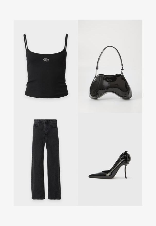 Sort ribstrikket camisole-top med tynde stropper og en lille metallisk logo midt på. Stoffet virker strækbart og kropsnært.; Sorte denimjeans med bred ben-design, der har en klassisk fem-lomme stil, knaplukning og diskret falmning.; Sort laklædersko med høj hæl, spids tå og åben hæl. Har en unik buet detalje ved hælen. Slank og glansfuld finish.; Sort patentlæder håndtaske med en unik buet form, kort justerbar hank og en lynlåslukning i toppen. Glat tekstur med diskret branding.