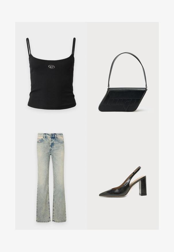 Haut caraco noir côtelé avec fines bretelles et petit logo métallique au centre. Le tissu semble extensible et près du corps.; Jean flare bleu clair en denim, avec un design à cinq poches, des détails de couture et une taille régulière avec une fermeture à bouton.; Chaussure slingback en cuir noir à bout pointu avec un talon bloc haut et une doublure intérieure beige sur un fond clair uni.; Sac d'épaule en cuir noir de forme triangulaire, avec un logo embossé et une seule bandoulière réglable. Design minimaliste avec une texture lisse.