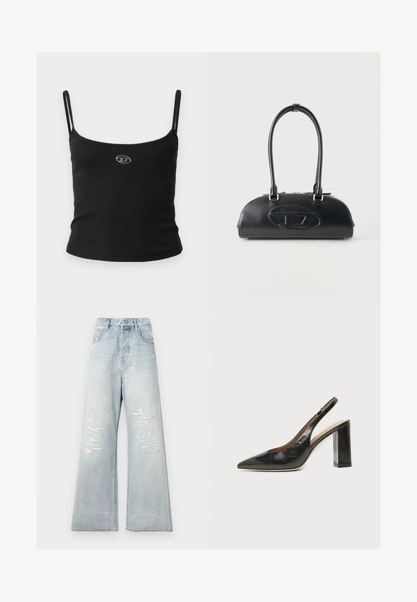 Top tipo camisola negro con textura acanalada, tirantes finos y un pequeño logo metálico en el centro. La tela parece elástica y ajustada al cuerpo.; Jeans de tiro alto de pierna ancha en un tono azul claro, con parches desgastados en los muslos frontales y estilo de cinco bolsillos, sobre un fondo blanco liso.; Zapato slingback de piel negra con puntera puntiaguda, tacón alto y ancho, y forro interior beige sobre un fondo claro y liso.; Bolso de cuero negro con asas largas dobles y logo ovalado en relieve en la parte delantera, mostrado sobre un fondo claro y liso.