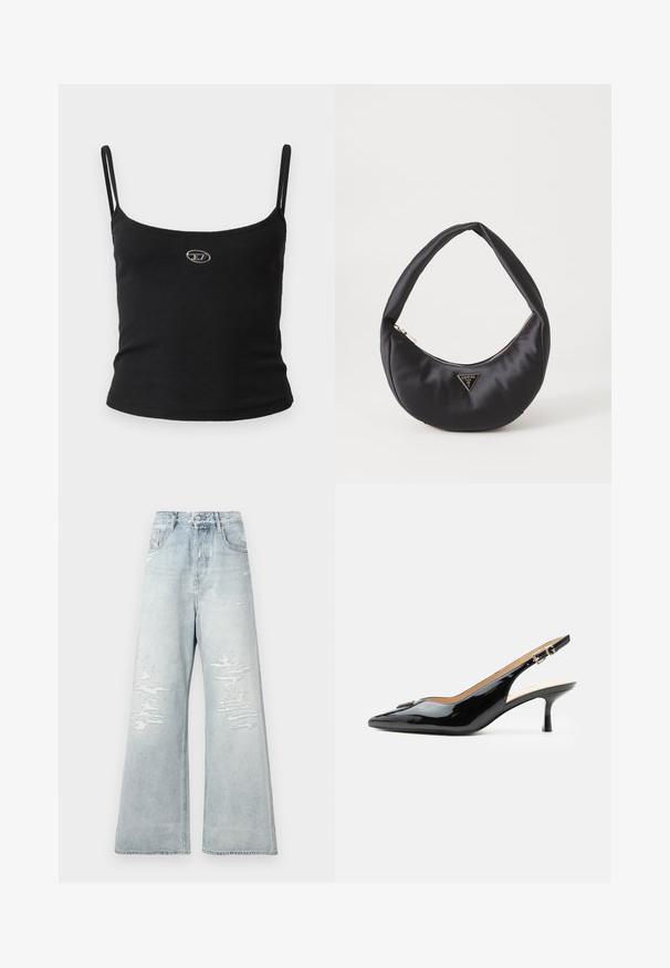 Top tipo camisola negro con textura acanalada, tirantes finos y un pequeño logo metálico en el centro. La tela parece elástica y ajustada al cuerpo.; Jeans de tiro alto de pierna ancha en un tono azul claro, con parches desgastados en los muslos frontales y estilo de cinco bolsillos, sobre un fondo blanco liso.; Tacón slingback de charol negro con puntera puntiaguda, tacón pequeño tipo kitten y correa con hebilla plateada sobre un fondo blanco liso.; Bolso de satén negro con forma curva, que cuenta con un cierre de cremallera y un logo triangular en metal en la parte delantera. Textura suave y diseño elegante.