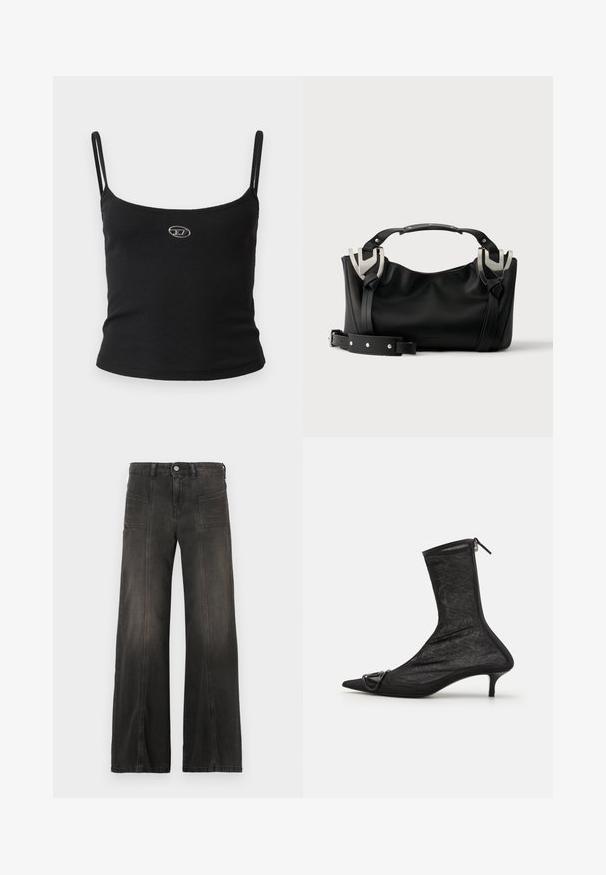 Sort ribstrikket camisole-top med tynde stropper og en lille metallisk logo midt på. Stoffet virker strækbart og kropsnært.; Sort denim i brede ben med en falmet finish, med to forlommer og syede detaljer langs sømmene. Høj talje.; Sorte mesh ankelstøvler med spidse tæer, lynlås og en lille hæl. Har en dekorativ spændeaccent nær tåområdet.; Sort håndtaske med sølvspænder, kort hanke og aftagelig skulderrem placeret på en hvid overflade.
