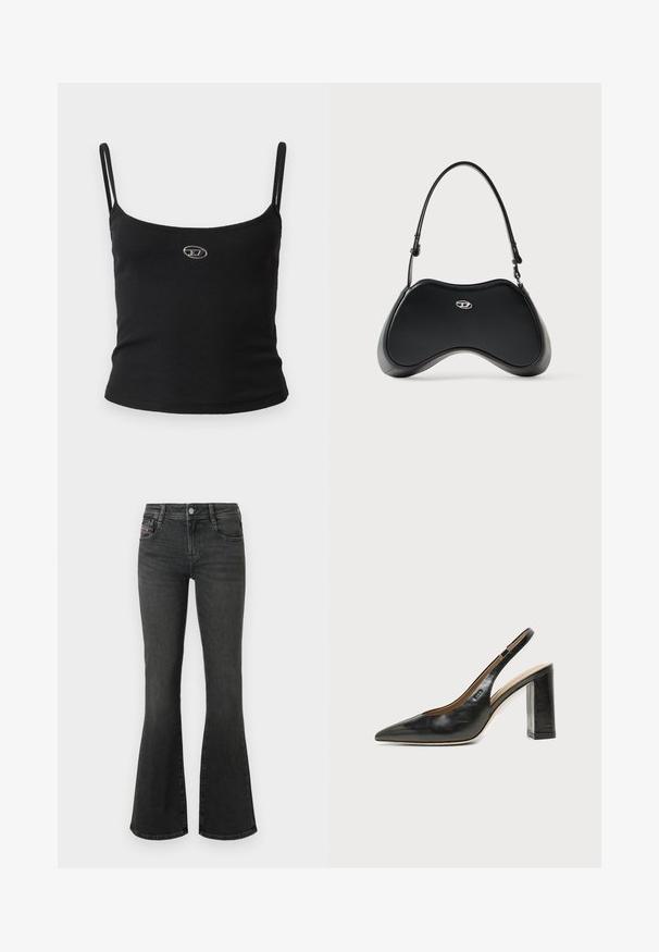 Sort ribstrikket camisole-top med tynde stropper og en lille metallisk logo midt på. Stoffet virker strækbart og kropsnært.; Sorte denimflare jeans med mellemhøjt talje, fem-lomme design og syningsdetaljer på lommerne. Glat tekstur med let skær.; Sort læder peep-toe slingback sko med høj blokhæl og beige indvendig foring mod en ensfarvet lys baggrund.; Sort håndtaske i kunstlæder med en unik buet form, kort håndtag og et sølvfarvet logodetalje foran. Glat tekstur, minimalistisk design.