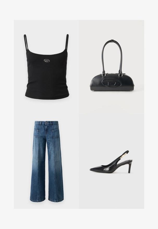 Sort ribstrikket camisole-top med tynde stropper og en lille metallisk logo midt på. Stoffet virker strækbart og kropsnært.; Videbenet jeans i en falmet blå denim. Har fem lommer, en knap- og lynlås-lukning, synlige syninger og en løs pasform.; Sort læder slingback højhælede sko med spidse tæer, glat overflade og en smal ankelrem med guldfarvede hardware detaljer.; Sort læderhåndtaske med lange dobbelte håndtag og præget ovalt logo foran, vist mod en ensartet lys baggrund.
