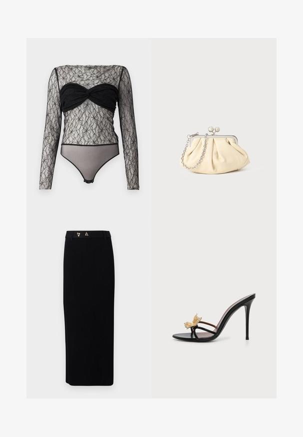 Hofmann Copenhagen PAULA - Longsleeve - black; AERON FORUM - Kokerrok - black; Zwarte sandaal met hoge hak, dunne bandjes en een gouden vlinderversiering op het voorste bandje tegen een witte achtergrond.; Geplooide beige leren clutch met een zilveren metalen frame, voorzien van twee ronde decoratieve sluitingen en een zilveren kettingriem.