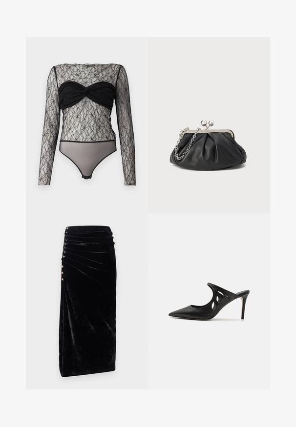 Hofmann Copenhagen PAULA - Langærmet T-shirt - black; Rabanne Pencil skirt - black; Sorte læder højhælede mules med spids tå, udskåret sideskærm og glat tekstur. Stiletthæl og subtil syning.; Sort læder clutch med samlet tekstur, sølvfarvet metalramme, kys-lås lukning og kædestrop. Glat, blød overflade.