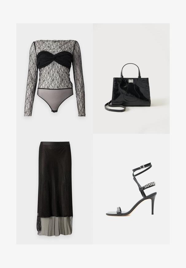 Hofmann Copenhagen PAULA - Longsleeve - black; Zwarte mesh midi-rok met een aansluitende tailleband, open diamanten patroon en een flowy voering aan de onderkant voor extra beweging en textuur.; Zwarte sandaal met hoge hak, smalle enkelband, middenvoetband versierd met zilveren schakels en een open teenontwerp.; Zwarte handtas van lakleer met afgeronde handgrepen, een afneembare schouderriem en zilveren sluiting op een effen witte achtergrond.