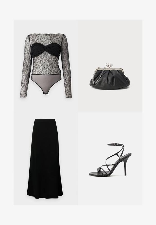 Hofmann Copenhagen PAULA - Camiseta de manga larga - black; Falda midi negra con cintura ajustada, dobladillo acampanado, textura suave y sin patrones ni acentos visibles.; Sándalo negro de tacón alto con tiras finas, hebilla en el tobillo, superficie de cuero suave y tacón de aguja esbelto.; Clutch de cuero negro con textura arrugada, marco de metal en tono plateado, cierre de beso y cadena para colgar. Superficie suave y lisa.