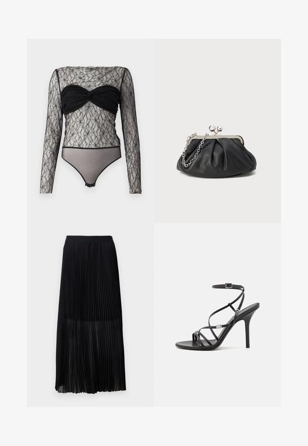 Hofmann Copenhagen PAULA - Langarmshirt - black; Schwarzer, plissierter Midirock mit einem glatten, elastischen Bund und einer durchsichtigen Überlagerung, die feine vertikale Falten im gesamten Stoff aufweist.; Schwarze High-Heel-Sandale mit dünnen Riemen, einem Knöchelverschluss, einer glatten Lederoberfläche und einem schlanken Stiletto-Absatz.; Schwarze Leder-Clutch mit geraffter Textur, silberfarbener Metallrahmen, Druckverschluss und Kettenriemen. Glatte, weiche Oberfläche.