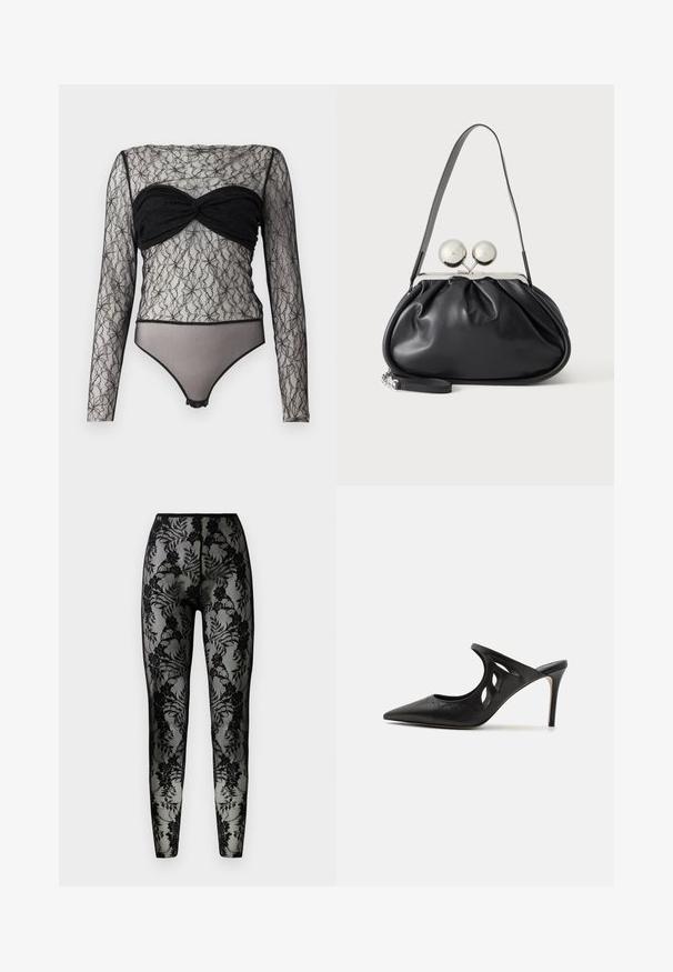 Hofmann Copenhagen PAULA - Langærmet T-shirt - black; Sorte blonde leggings med blomstermønster, gennemsigtigt stof og en tæt pasform, med en glat talje og lukkede sømme.; Sorte læder højhælede mules med spids tå, udskåret sideskærm og glat tekstur. Stiletthæl og subtil syning.; Sort læderhåndtaske med opsamlet design, en enkelt rem, sølv metalramme og to store runde sølv lukninger.