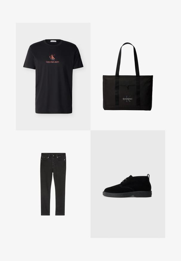 Schwarzes T-Shirt mit kurzen Ärmeln und Rundhalsausschnitt, mit "CK"-Logo und "Calvin Klein Jeans" in Rot auf der Brust gedruckt.; Schwarze Denim-Jeans mit schmaler Passform, ausgestattet mit vier Taschen, einem Metallknopfverschluss und leichten Used-Details. Glatte Textur und klassisches Design.; Schwarze Wildleder-Stiefeletten mit runder Zehenpartie, Schnürdesign, schwarzem Gummisohle und einem Zugband an der Rückseite für einfaches An- und Ausziehen.; Schwarze Calvin Klein Tote-Tasche mit zwei langen Griffen und Fronttasche, mit dem Markenlogo in Weiß und Grau.