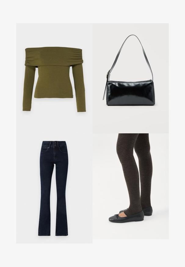 Haut à manches longues olive dénudées avec des détails froncés, fabriqué en tissu doux, présentant une silhouette ajustée et un ourlet droit.; Jean évasé bleu foncé à taille haute, fermeture à deux boutons, cinq poches et texture denim lisse.; Jambes portant des leggings côtelés foncés associés à des ballerines noires avec de petits détails en nœud sur fond blanc.; Sac d'épaule rectangulaire noir avec une sangle réglable unique et une fermeture éclair supérieure sur un fond uni.