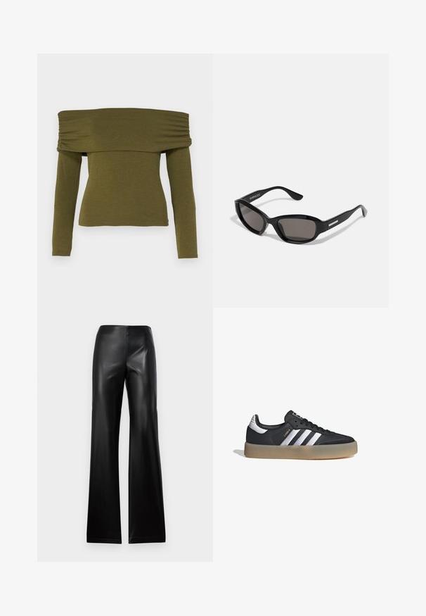 Top de manga larga fuera del hombro en verde oliva con detalles fruncidos, fabricado en una tela suave, que presenta una silueta ajustada y un dobladillo recto.; Pantalones de cuero negro acampanados con una textura suave, que cuentan con una cinturilla alta y un diseño simple, ajustándose en la parte superior y ensanchándose hacia el dobladillo.; Zapatilla deportiva de cuero negro con tres rayas plateadas, punta texturizada y suela de goma. Cuenta con un collar acolchado y un diseño con cordones.; Gafas de sol negras con montura rectangular, lentes oscuros, material de plástico suave y un acento metálico en la patilla.